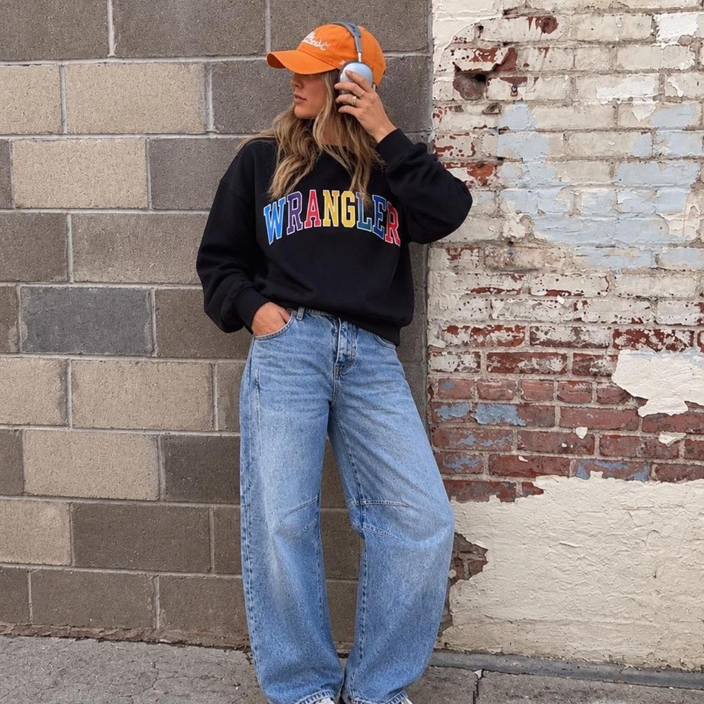 Black Retro Wrangler Logo Crewneck Sweatshirt Collegiate Varsity Boxy XS